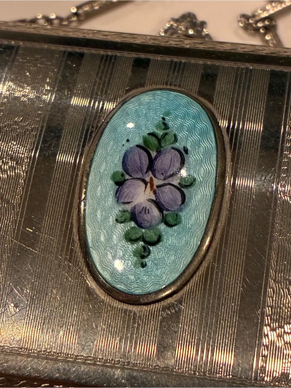 1920s Art Deco guilloché enamel compact dance purse, manufactured by the Finberg